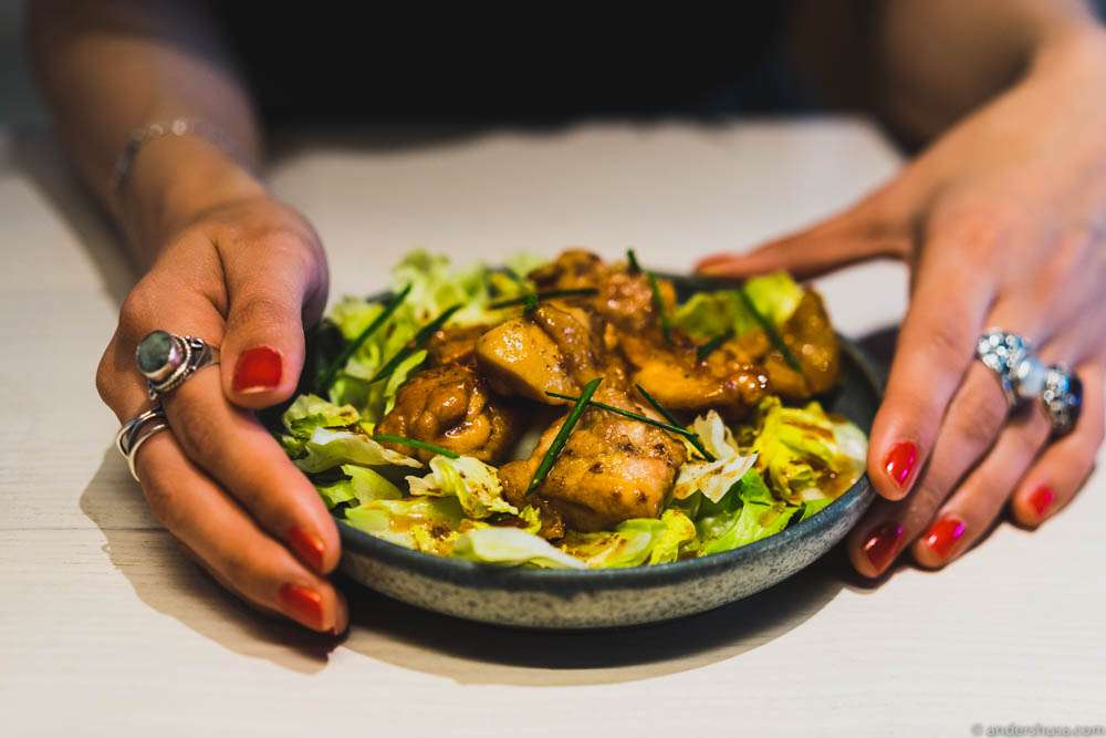 Glazed chicken thigh with onsen egg, lettuce, sansho & teriyaki (by Hiroshi Sasaki of restaurant Gion Sasaki in Kyoto, Japan, 2015)