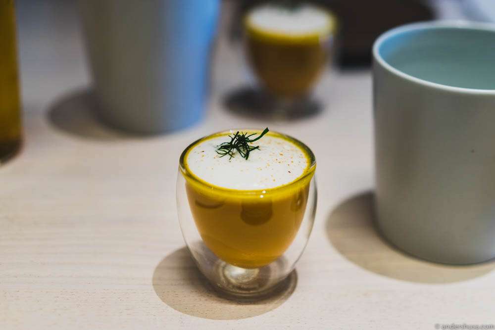 Hot, caramelized carrot soup with coconut foam
