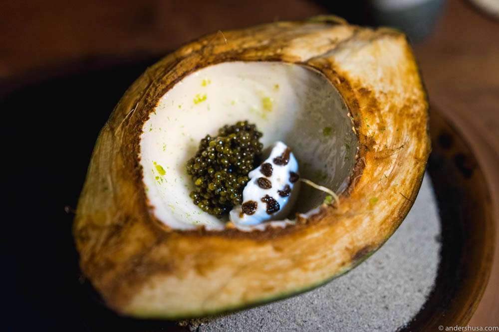 Young coconut and caviar, Japanese seaweed salt and local lime