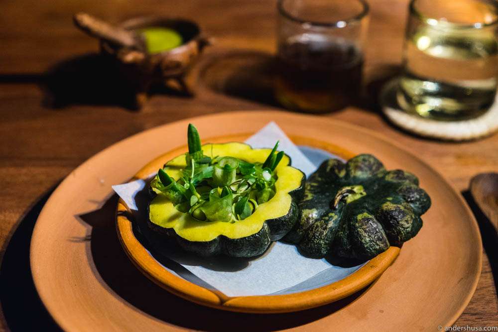 Pumpkin from Oaxaca cooked on the BBQ, filled with avocado, parsley, tomatillo, habanero & herbs from the beach