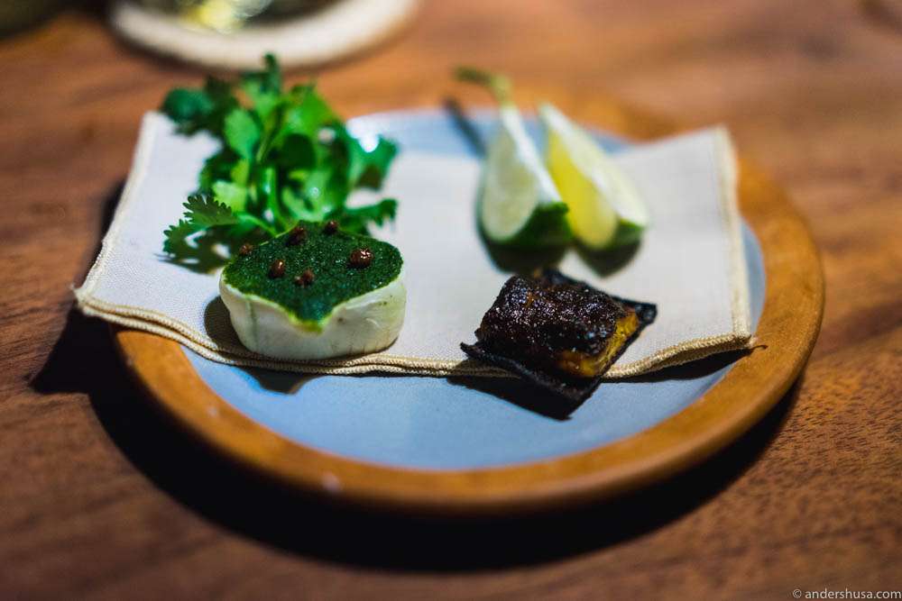 Pork taco toppings! Young jicama, coriander, local lime and banana "al pastor" cooked on the skin