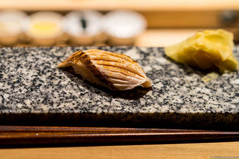 Hamachi belly aburi (torched) with soy and a drop of arctic salt