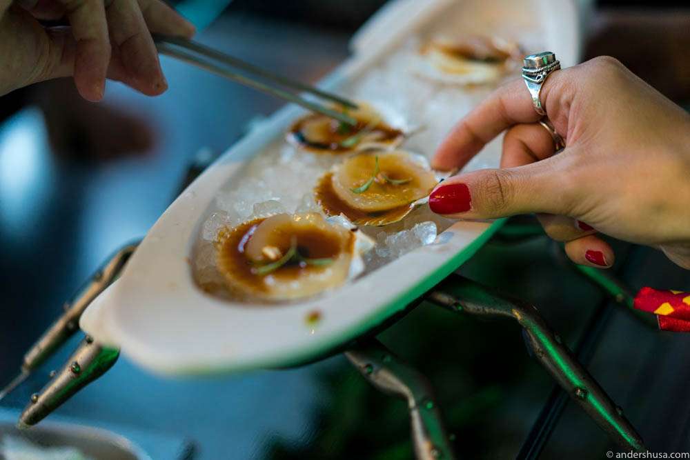Baby scallops with hoi sin sauce and cilantro oil