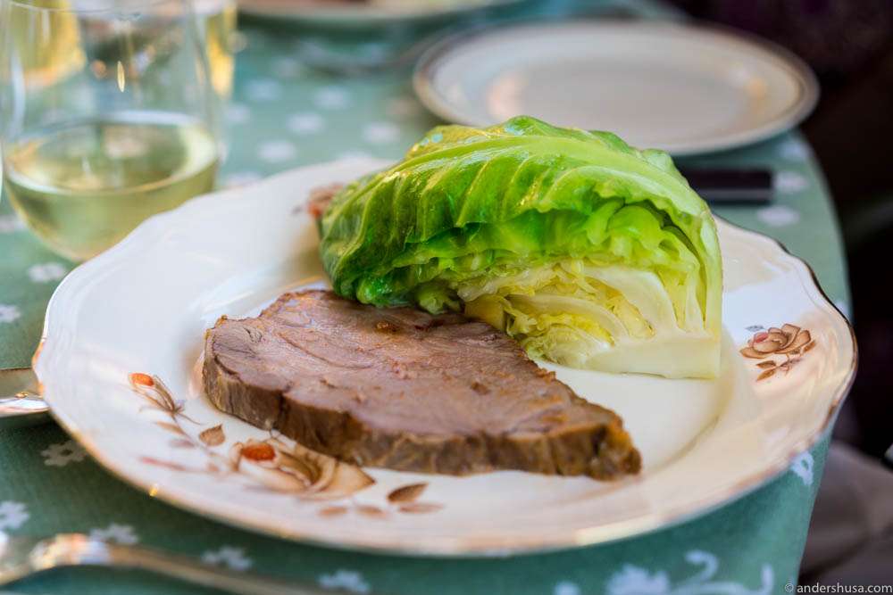 Main course: Pork neck with ginger-cooked cabbage