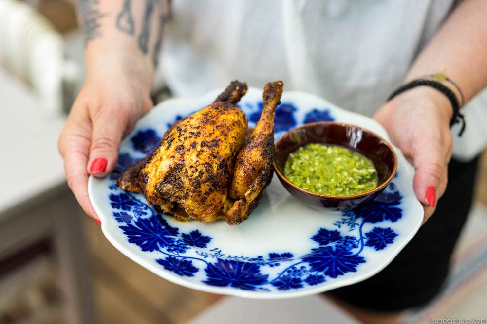 Poussin (young chicken) with a spicy parmesan and herb dip