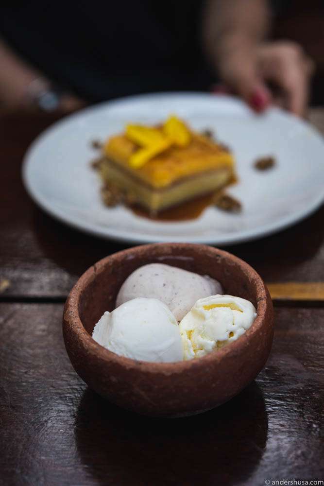 Three types of ice cream: corn, cinnamon & cheese