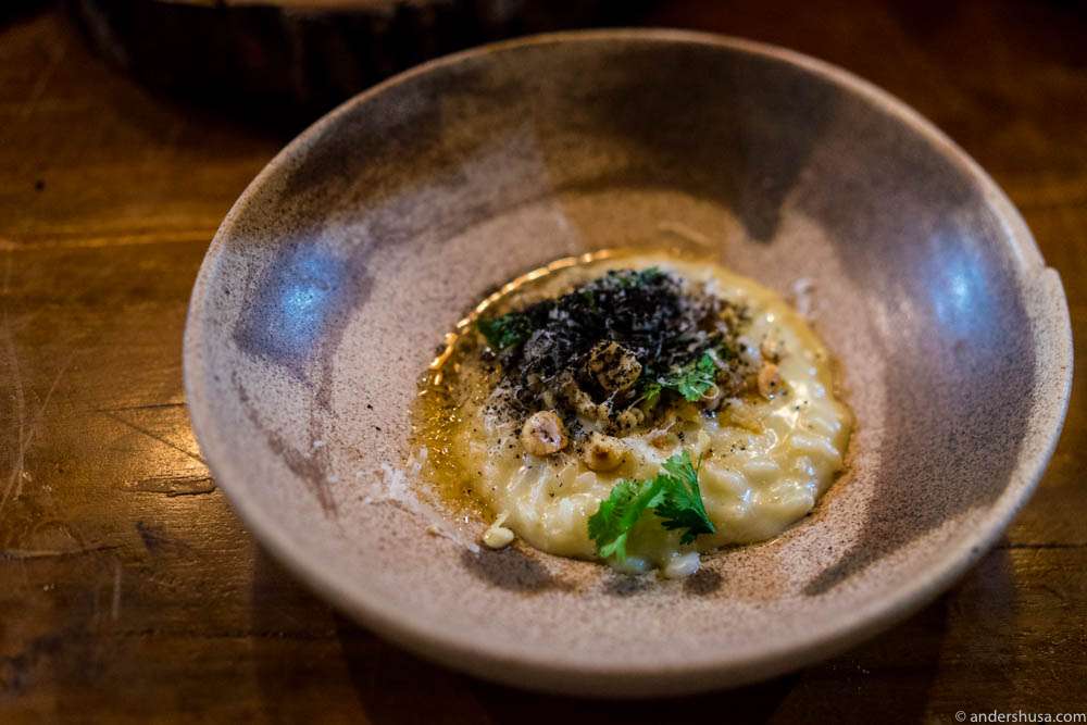 Creamy rice with escamoles (ant eggs) & hazelnuts