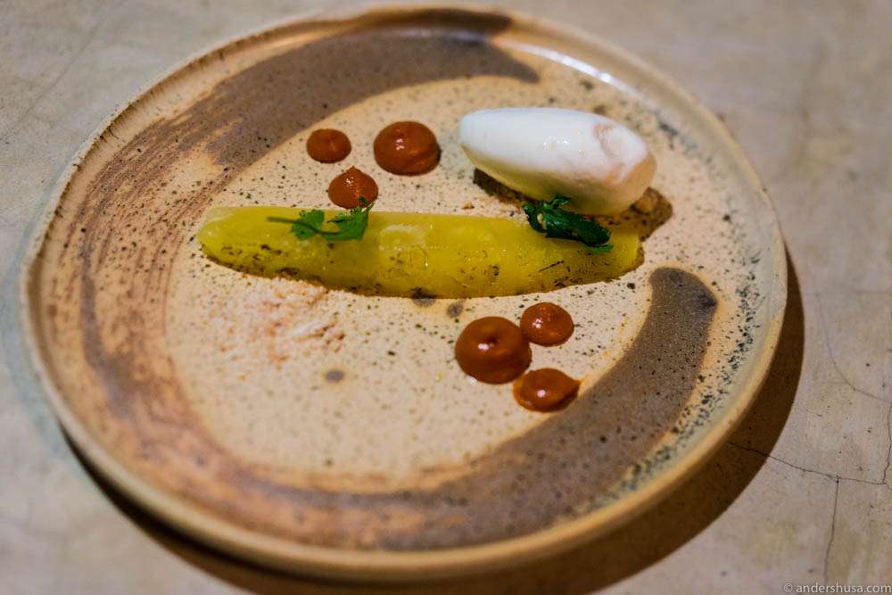 Grilled pineapple, roasted plantain cream, coconut sorbet, lime & coriander