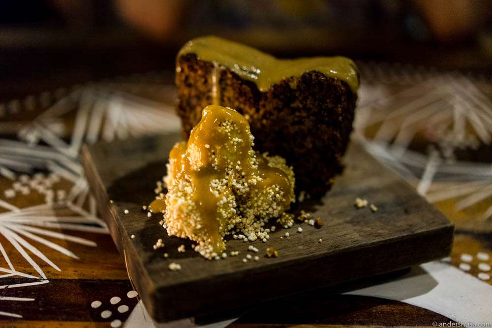 Banana cake, caramelized nuts, amaranth & vegan dulce de leche