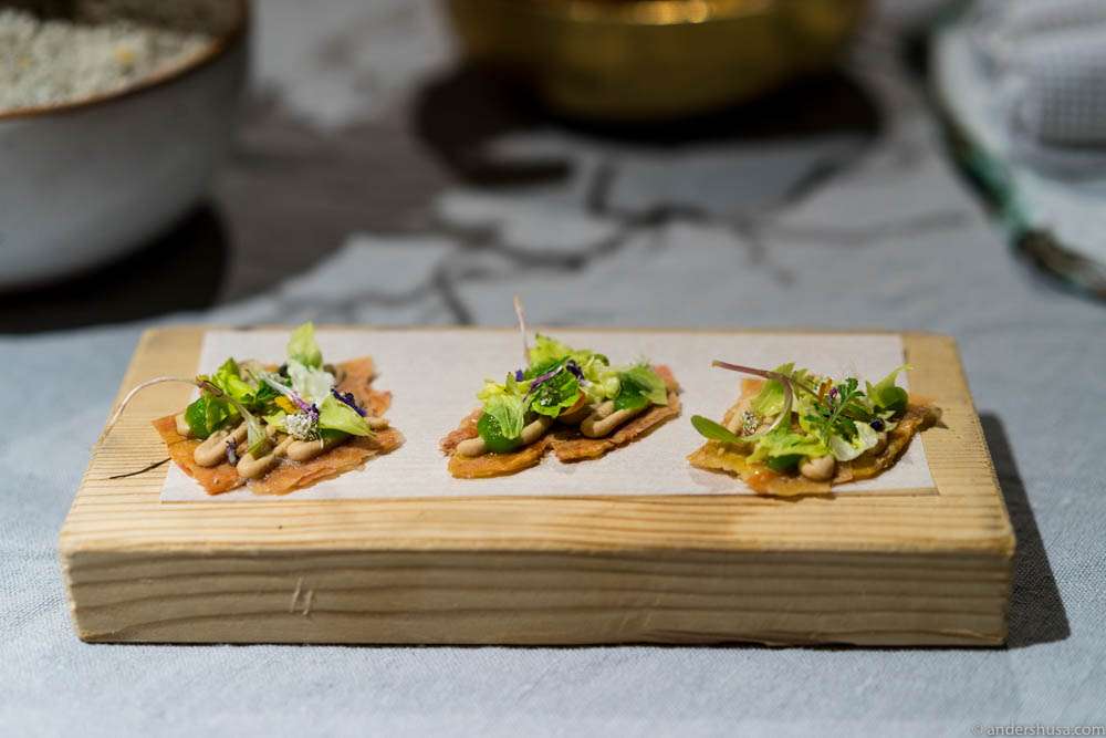 Crispy chicken skin, cream of meadow & cellery