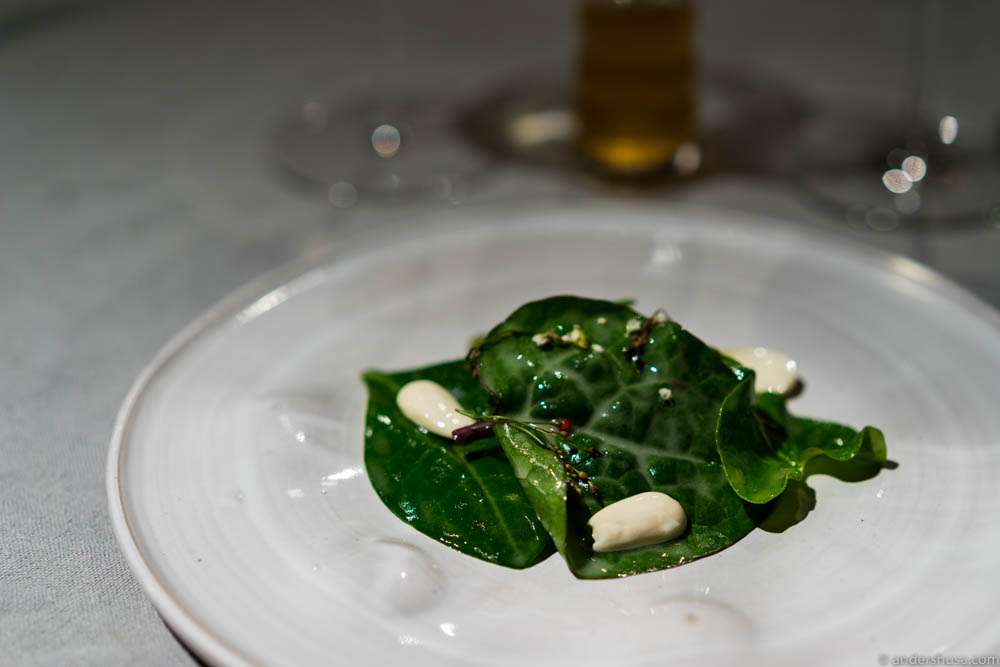 Spinach leaves, green almonds & sour cream
