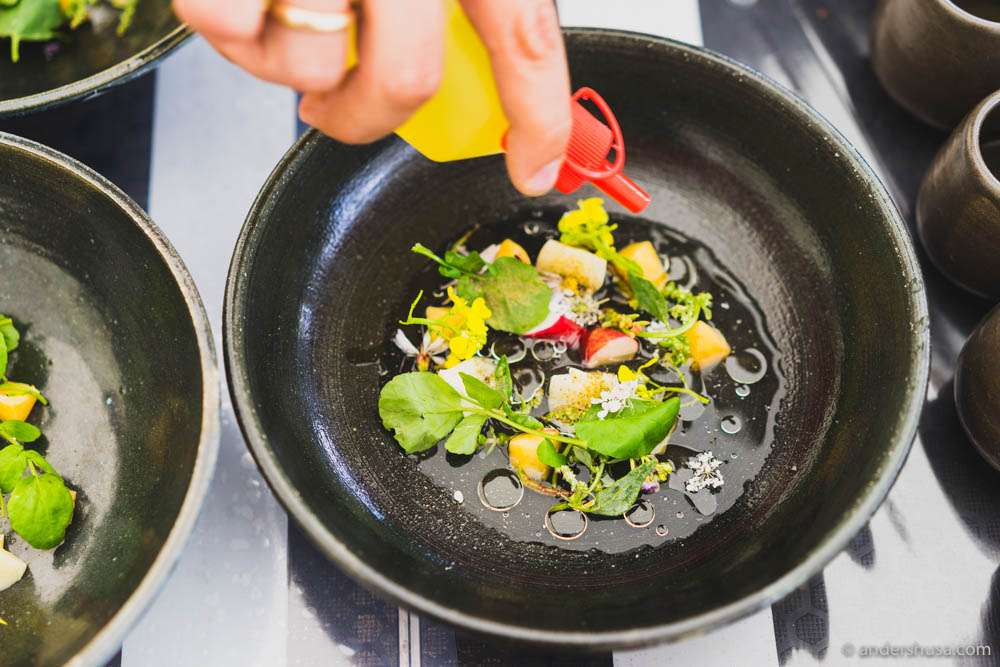 A dish with oca root, fermented physalis juice & Amarillo chili oil – by Karlos Ponte of restaurant PMY