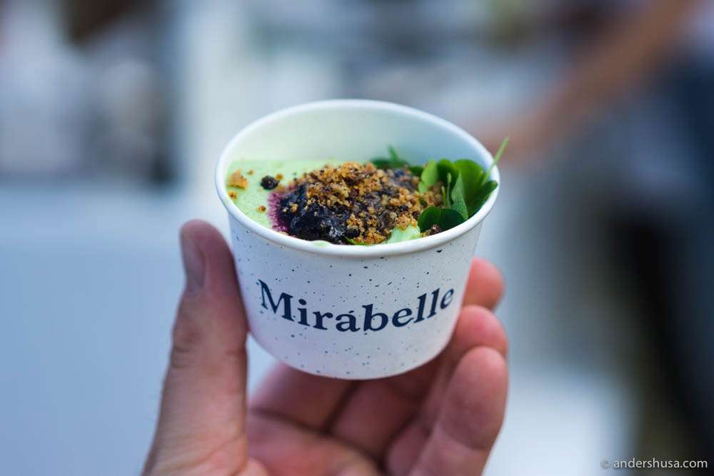 Mirabelle's wood sorrel ice cream with blueberries and crumble