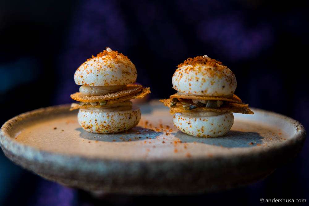 Macaron with pumpkin, foie gras, orange, sea buckthorn, roasted oats & green pepper
