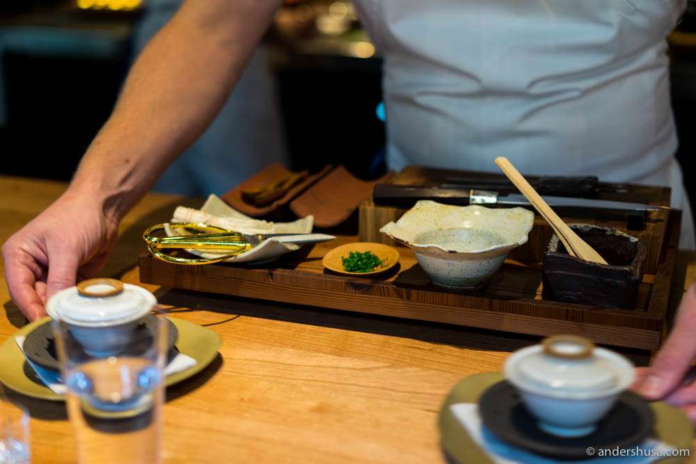 Most dishes are finished by a chef in front of the guests