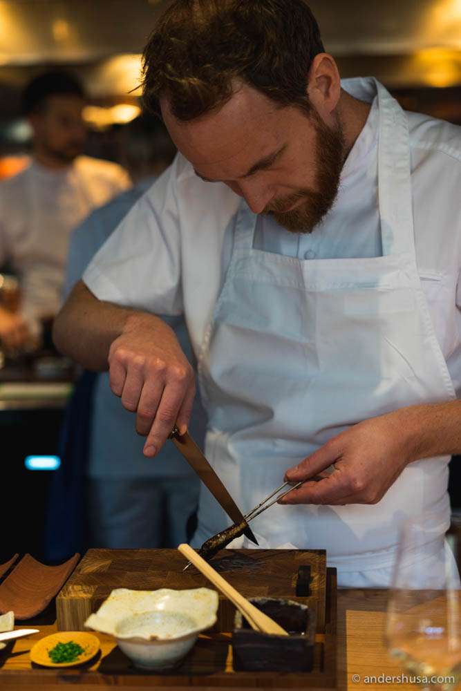 Björn Frantzén prepares the Swedish silver eel