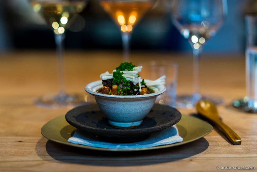Chawanmushi (Japanese egg custard), pickled chanterelles & Swedish silver eel glazed with tamarind caramel