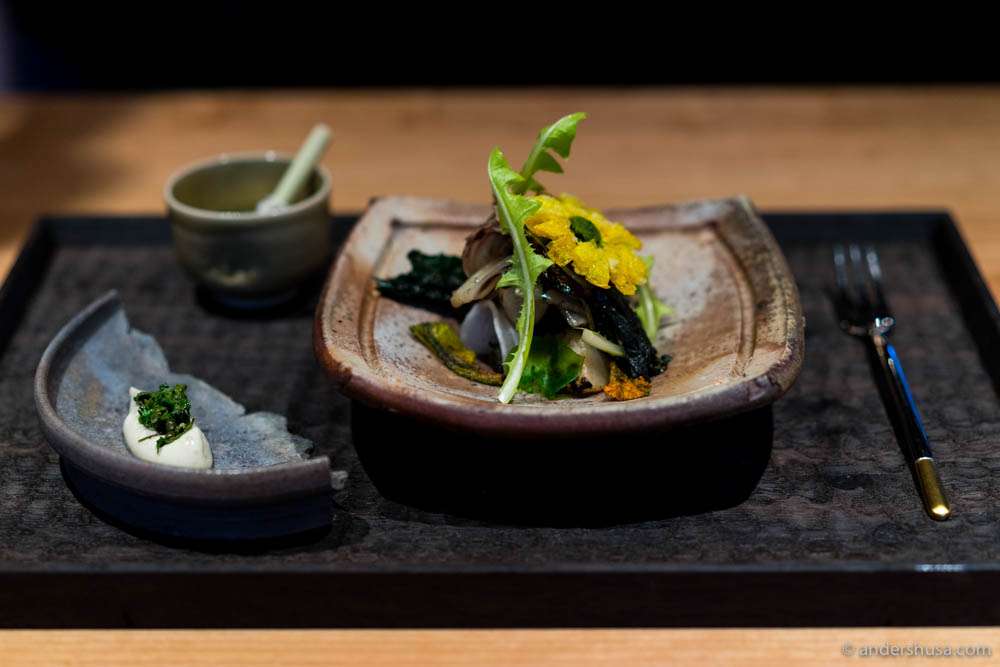 Hommage satio tempestas (in honor of the best seasonal flavors). Bitter & grilled vegetables, deep-fried Marigold, whipped buttermilk, herbs from the mortar & warm citrus- and herb infusion to drink on the side