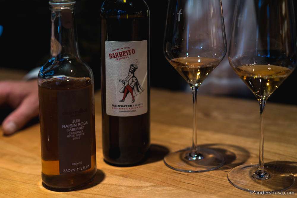 Alcohol-free grape juice and Madeira to pair with the flavors in the food