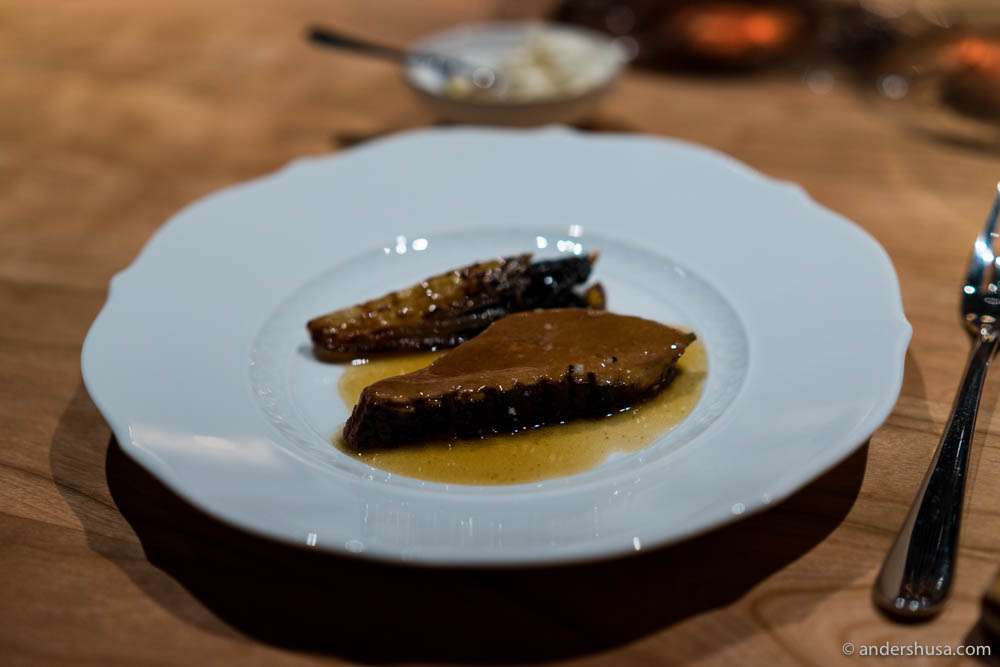 Grilled Swedish duck, truffle, endive, "sauce a la presse," with shavings of walnuts and a purée of smoked pears infused in aged sake