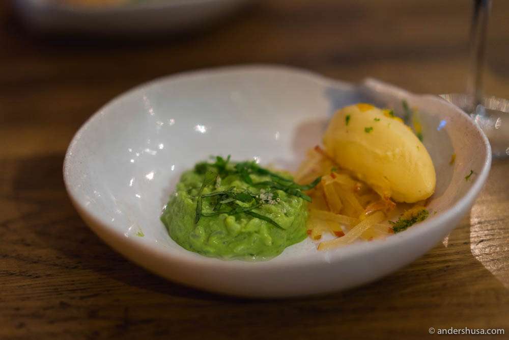 Dessert of citrus sorbet and sweet rice porridge