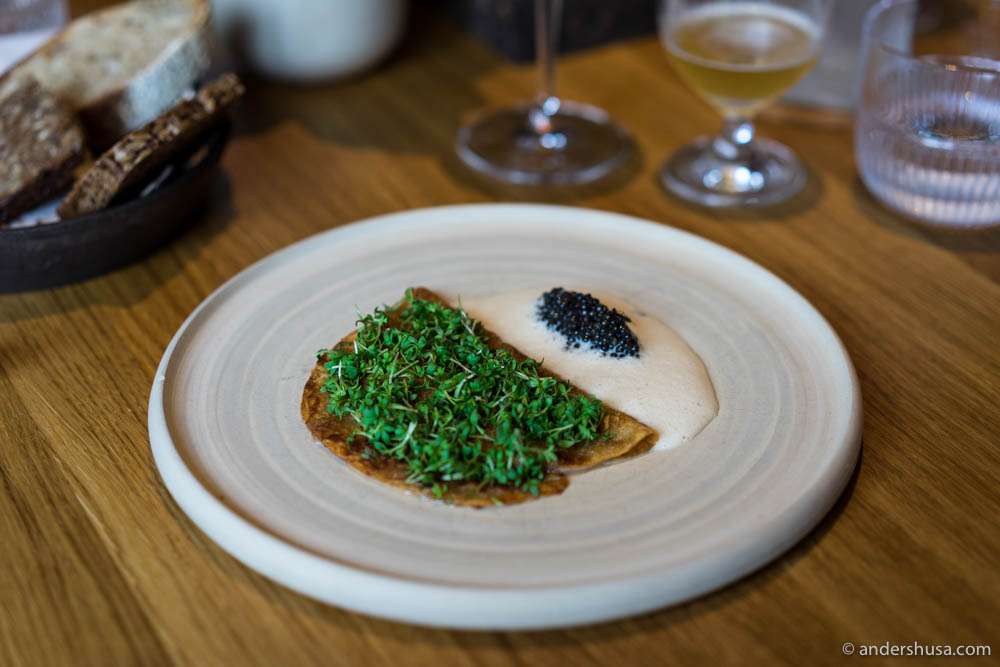 Sourdough pancake, cress, mussel sauce & caviar
