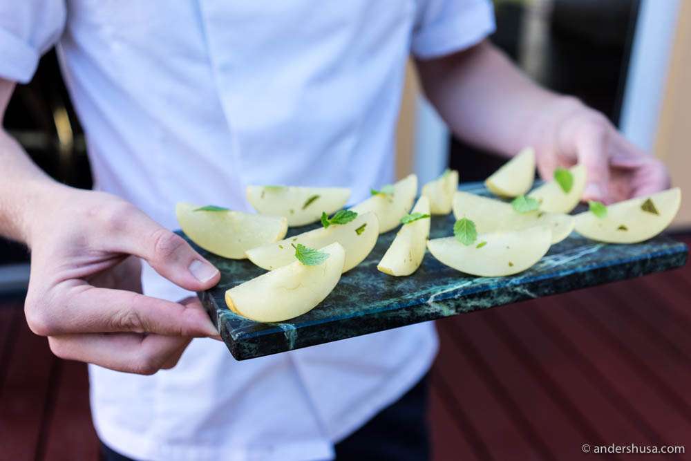 Nashi pear infused with yuzu and topped with lemon balm