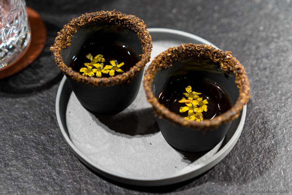 Hot broth of cep mushrooms, kelp oil & pickled ramson stems
