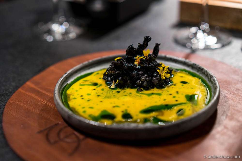 Squid porridge with vintage egg yolk & sauce of mussel juice and squid ink