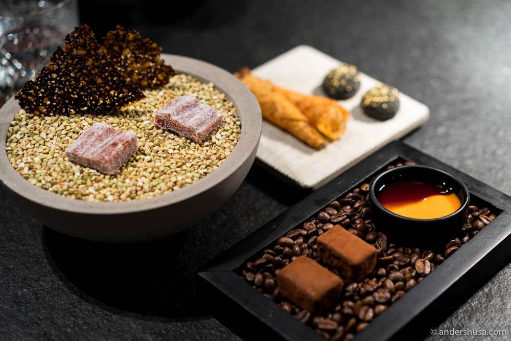 Petits fours: Chocolate, marzipan, rowan berries, tomato & kelp, and raisin