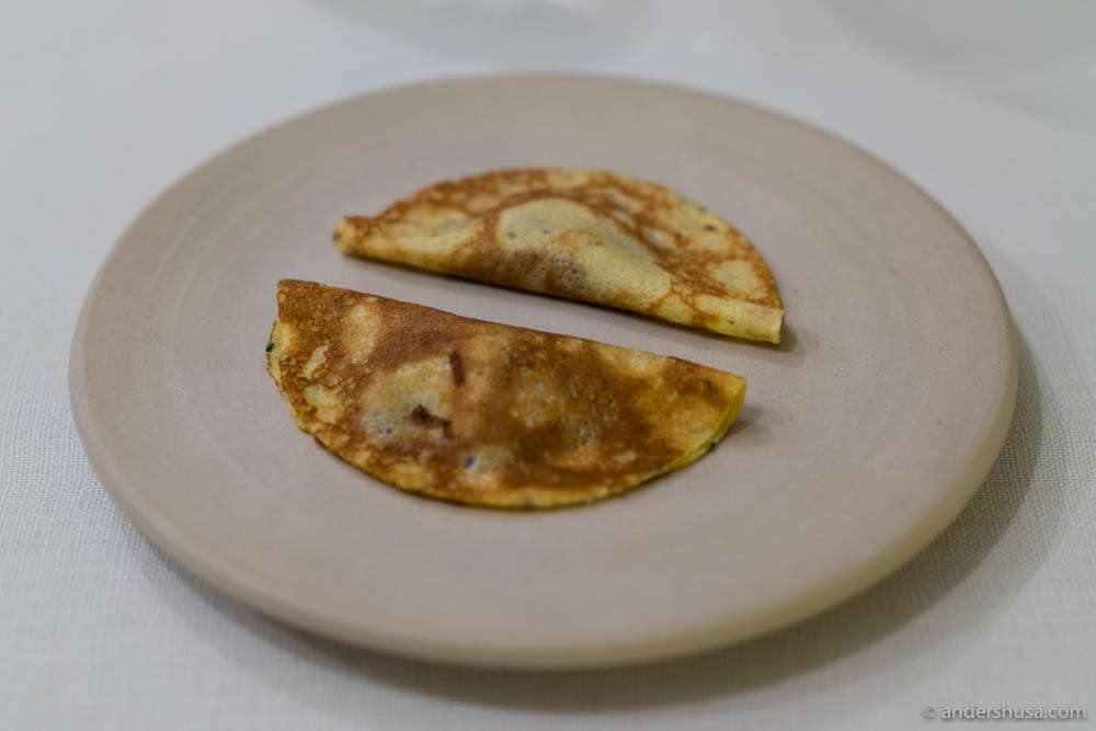 Pancakes with the pigeon innards & cherry chutney
