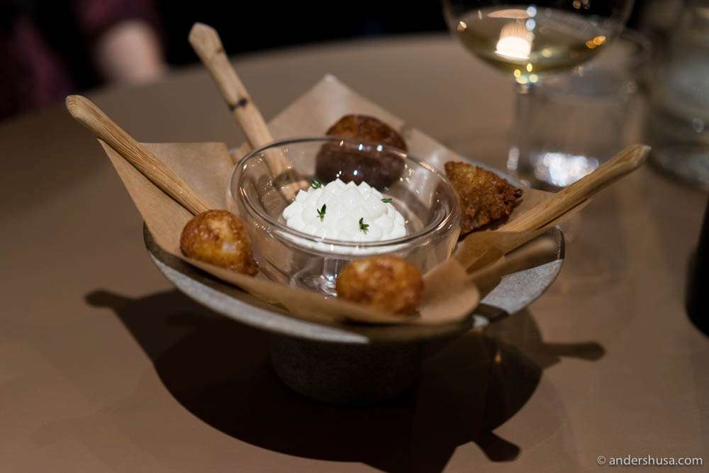 Deep-fried octopus with a sour cream dip
