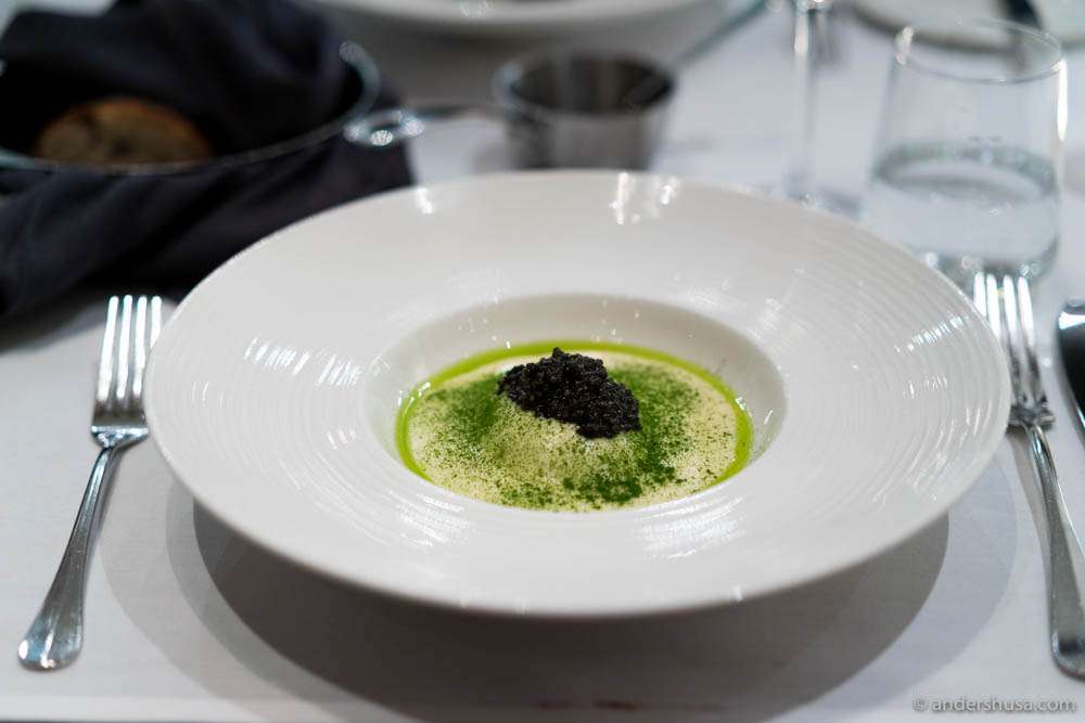 Poached egg, smoked potatoes, celery, croutons & caviar