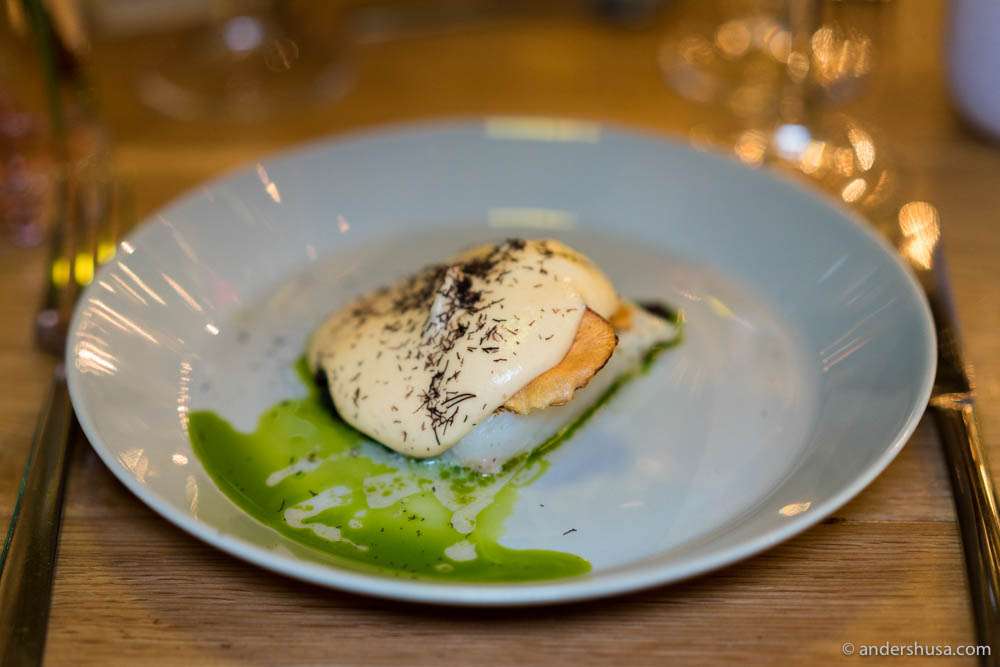 Cod baked in seaweeds, lovage & potato foam