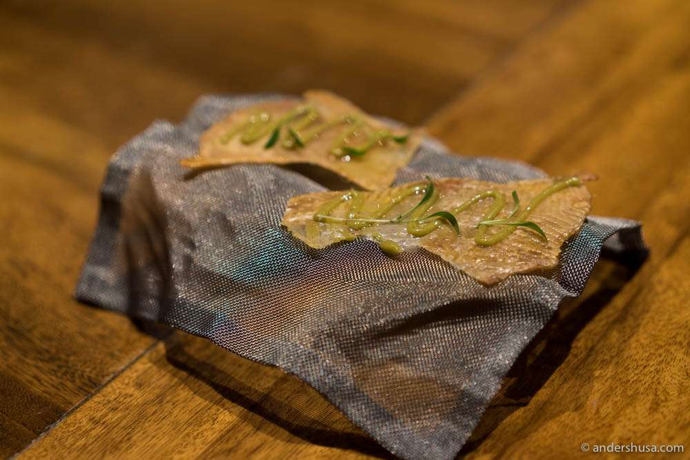 Thai green curry on a crispy chicken skin