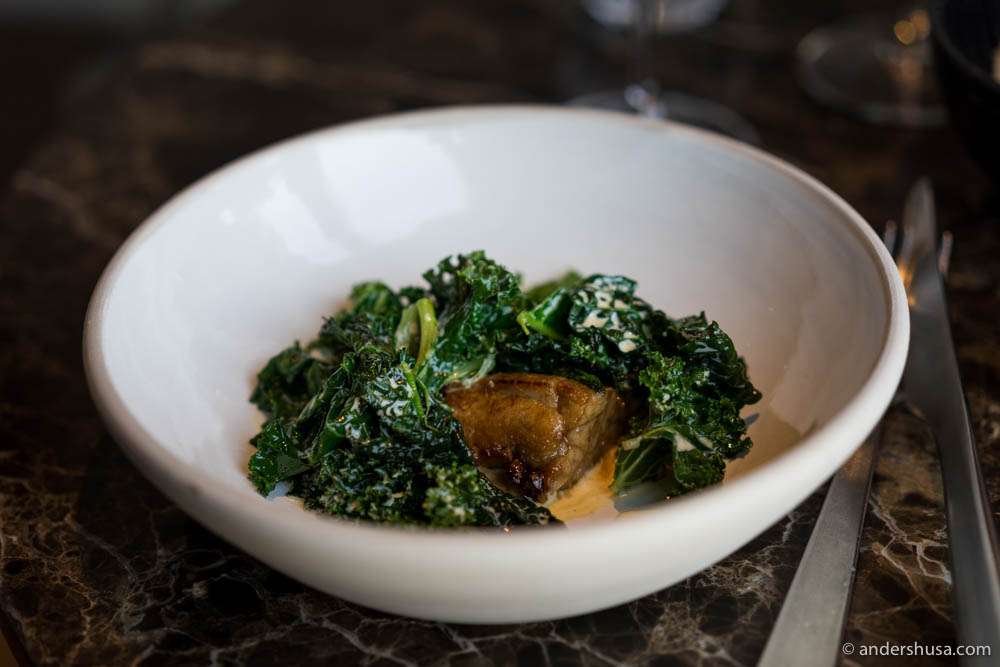 Veal sweetbreads, langoustine, grilled kale & creamy sauce
