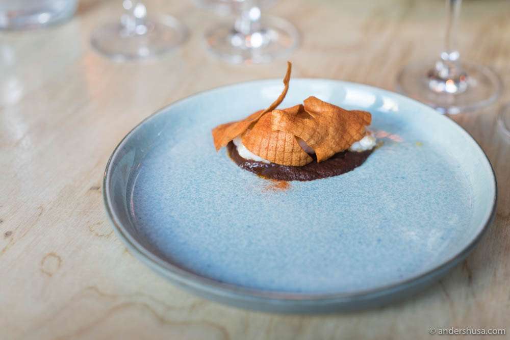 Norwegian langoustine steamed in Diplomático rum, Venezuelan blood sausage purée & tomato crisps