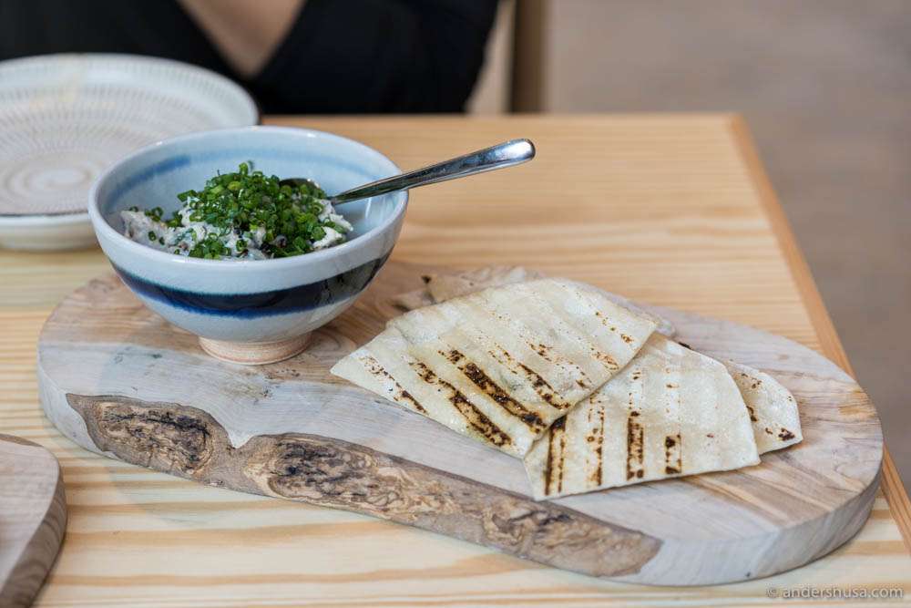 Grilled flatbreads with mackerel salad