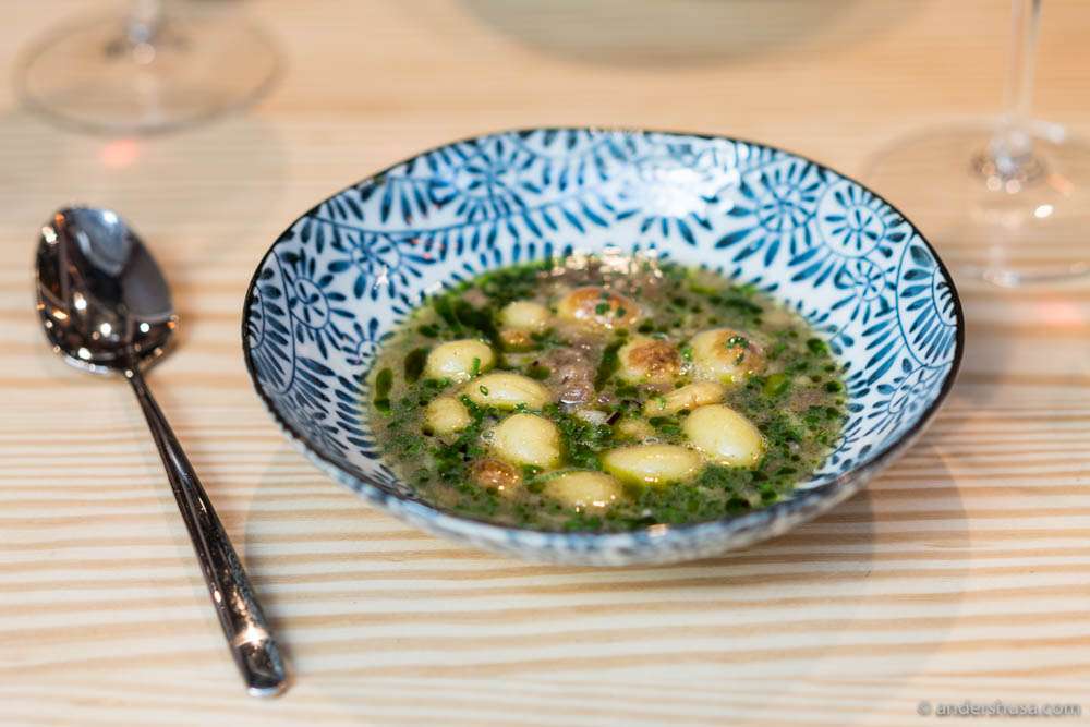 This dish of tiny roasted potatoes in a broth of ox tail and bone marrow was amazing