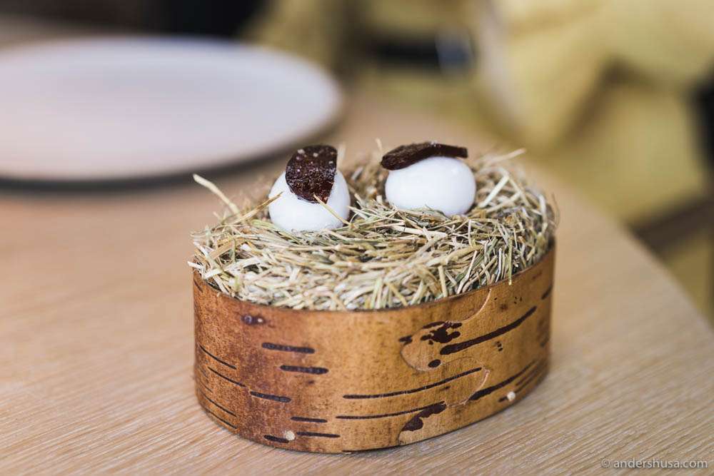 Quail egg with chorizo made from plum and rose hips