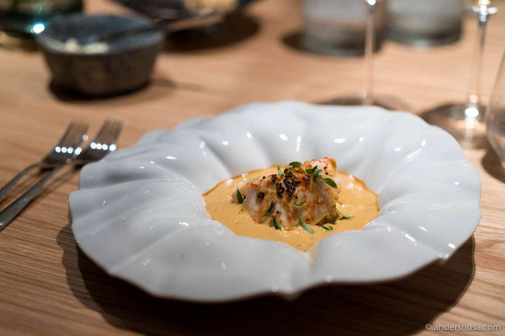 Butter-fried lobster, celeriac, lobster bisque & curry foam