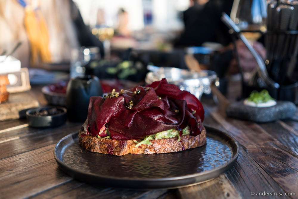 Avocado on toast with pomegranate, pickled beets, and arugula