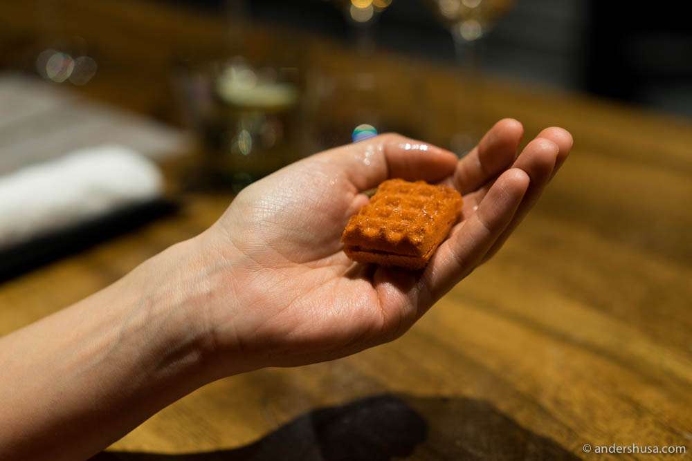 Carrot waffle with foie gras & yuzu at no. 19 – Gaggan in Bangkok, Thailand.