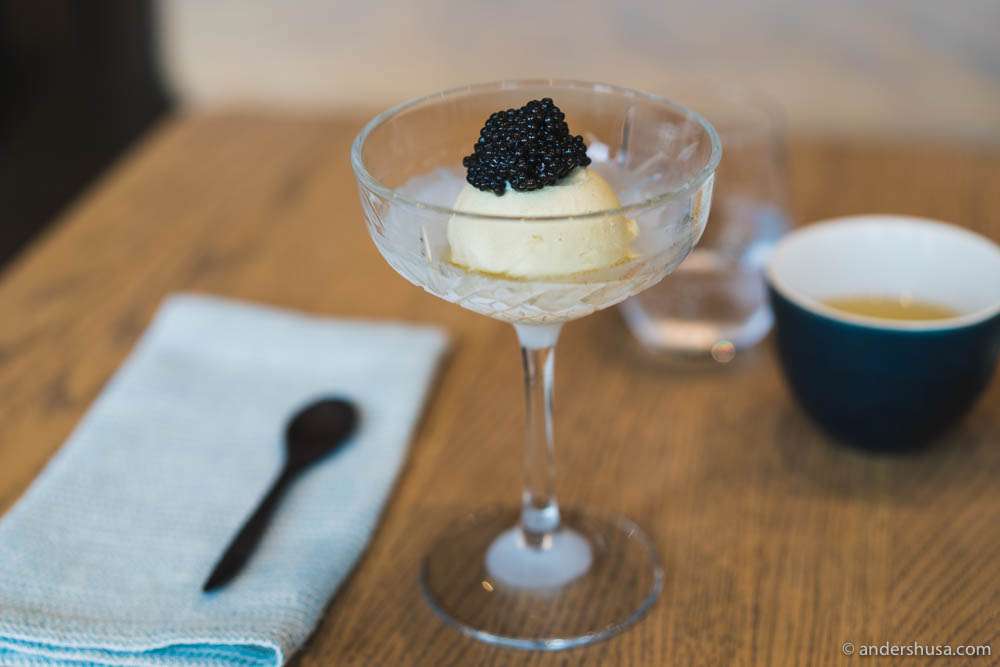 Roasted kelp ice cream with hazelnut oil and caviar at no. 20 – 108 in Copenhagen, Denmark.