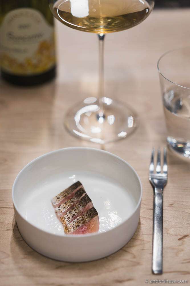 Sashimi from vendace, shoyu based on kombu, ham trimmings, katsobushi & green mustard