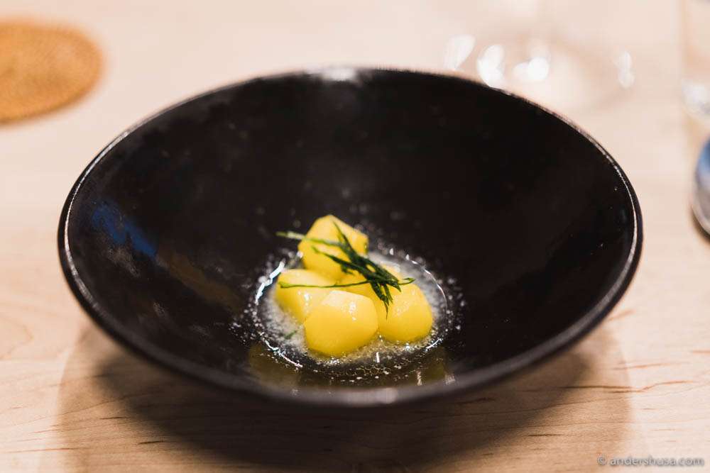 Potatoes baked in hay, whey, smoked oil & lovage