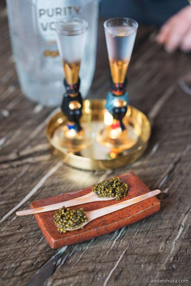 A taste of the caviar with Purity Vodka to wash it down