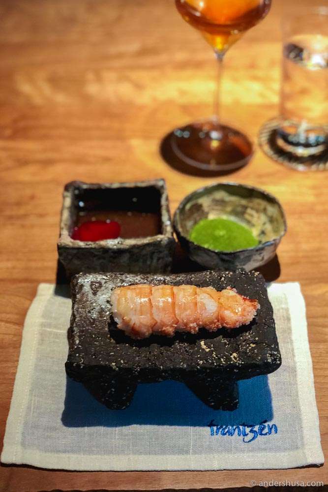 Langoustine tail, crispy Koshihikari rice, clarified butter & ginger emulsion. Photo: Kaitlin Orr