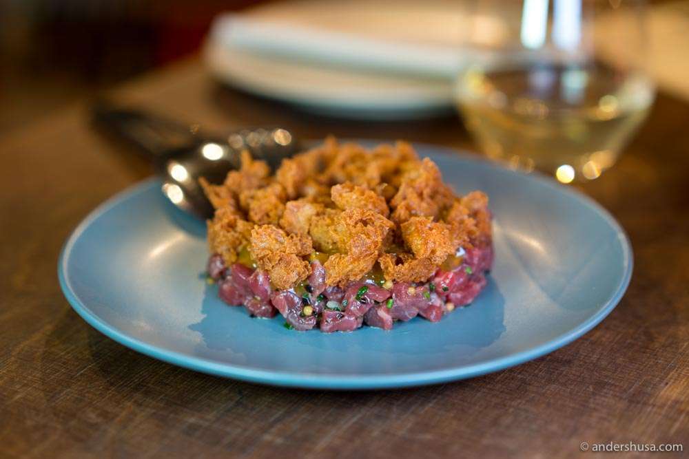 Beef tartare with sourdough croutons.
