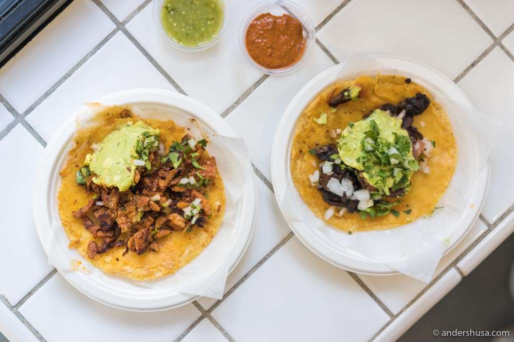 Adobada al pastor and mushroom quesadillas at Tacos 1986.